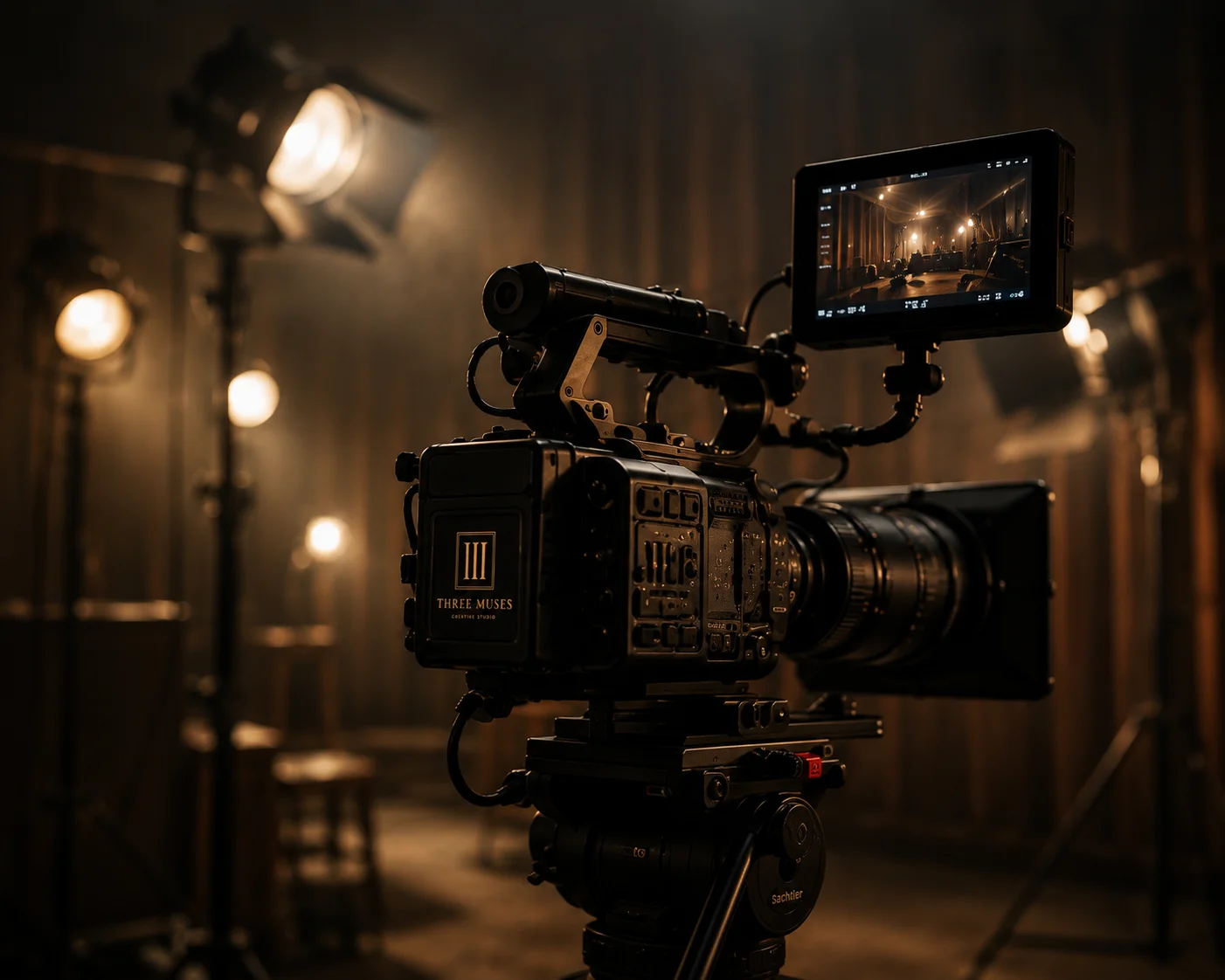 Three Muses Studio interior with leather chairs, microphones, warm lighting
